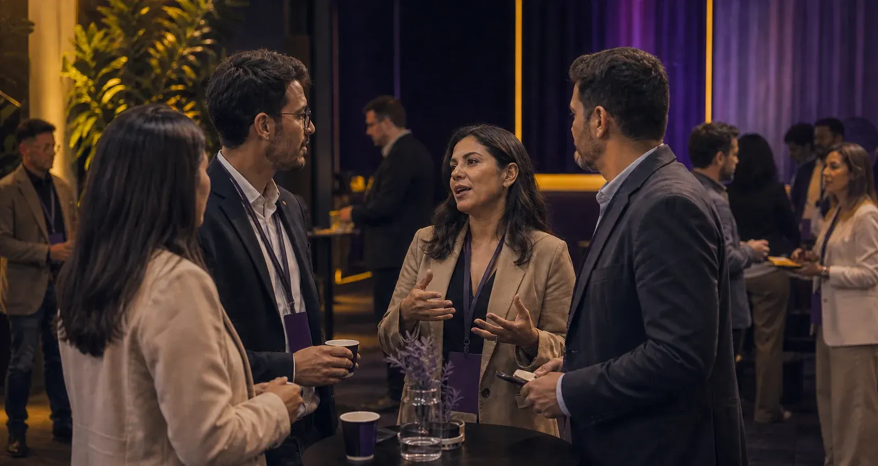 Grupo de empresários conversa durante o intervalo do evento